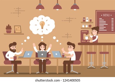 Group of creative young people working together using laptops, sitting at the table in coffeehouse. Artist, designer, freelancer, student. Startup business.