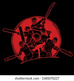 Group of Cricket players action cartoon sport graphic vector.