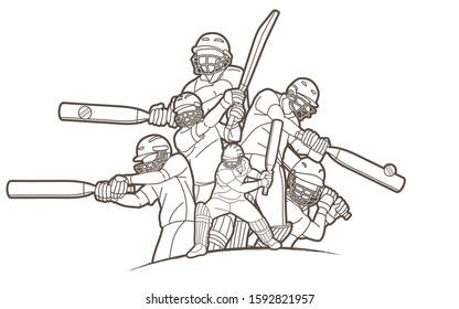 Group of Cricket players action cartoon sport graphic vector.