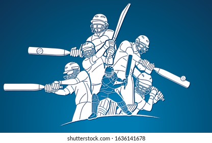 Group of Cricket players action cartoon sport graphic vector.