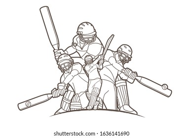 Group of Cricket players action cartoon sport graphic vector.