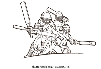 Group of Cricket players action cartoon sport graphic vector.