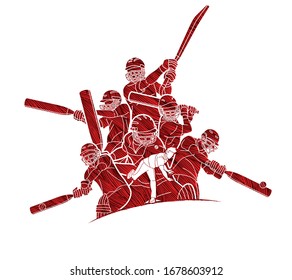 Group of Cricket players action cartoon sport graphic vector.