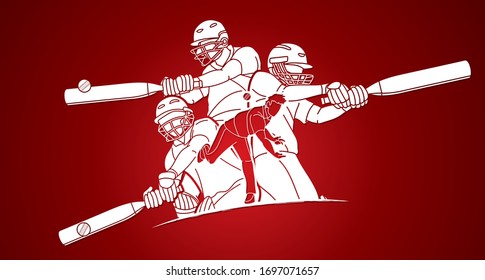 Group of Cricket players action cartoon sport graphic vector.