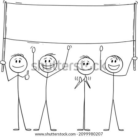 Group or crowd of men or people holding big empty sign and celebrating , vector cartoon stick figure or character illustration.