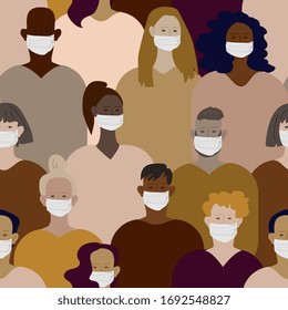 Group, crowd of people of different nationalities in protective masks seamless vector pattern. World pandemic.