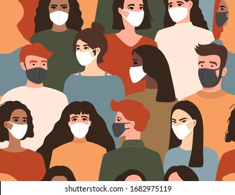 Group of crowd people in protection medical face mask, seamless pattern.  Hand drawn vector illustration in modern trendy flat cartoon style.