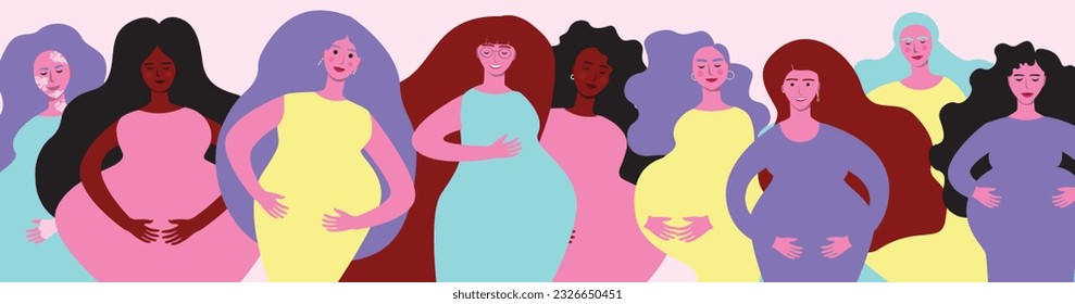 Group or crowd of pregnant women as unity concept for design, flat vector stock illustration