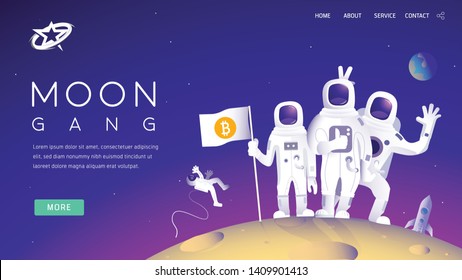 Group of cryptocurrency enthusiasts on the moon landing  mission. Blockchanin concept. Bitcoin web page design, banners. Landing page template. Header for website