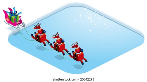 A group of cube deers with present flying over a sparkling pond.