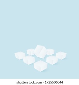 Group of cubes on flat surface with flying object. Abstract 3d geometric shapes on blue background. White objects for high tech design or futuristic illustration.