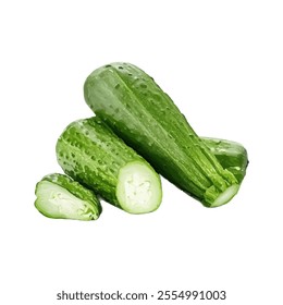 A group of cucumbers, including a sliced piece, showcasing their fresh, green appearance.