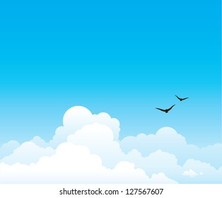 Group of cumulus clouds on a blue sky background with flying birds. Vector nature landscape.