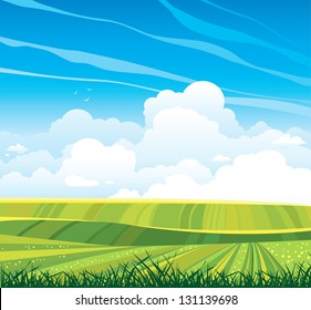 Group of cumulus clouds on the horizon and green flowering field on a blue sky background. Summer landscape.