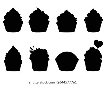 Grupo de Cupcake Silhueta isolado fundo branco. Ilustração de vetor