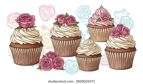 Group of cupcakes with chocolate bases white frosting and topped with pink roses on a background of soft floral outlines.