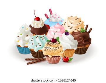 Group of cupcakes. Sweets and homemade cupcake with caramel, meringue in box for shop vector desserts, unhealthy food