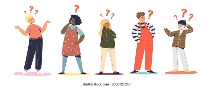 Group of curious kids with question marks. Little boys and girls need answers about world and general knowledge. Childhood concept. Cartoon flat vector illustration