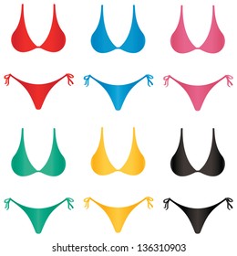 A group of curvaceous bikini bathing suits in basic colors.