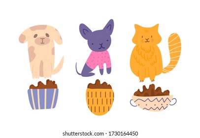 Group of cute, adorable and hungry dogs and cats are sitting near the plates full of dry pet food waiting for adoption by loving owner. Vector cartoon flat illustration on white background