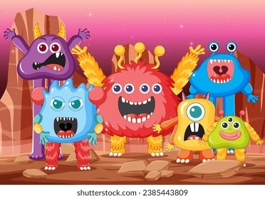 Un grupo de adorables amigos monstruo extraterrestres en varios colores contra un fondo espacial