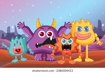 Un grupo de adorables amigos monstruo extraterrestres de diferentes colores contra un fondo del espacio exterior