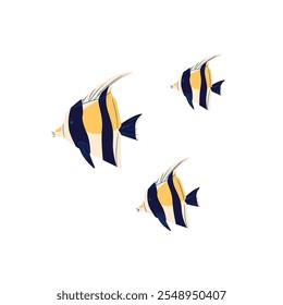 Group of cute angelfish swimming underwater. Exotic striped fishes, Pterophyllum for aquarium. Tropical undersea fauna. Wildlife of sea, ocean. Flat isolated vector illustration on white background.