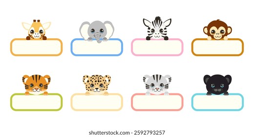 A group of cute animal faces, including a giraffe, elephant, zebra, monkey, tiger, and leopard. The faces are arranged in a row, with each one looking out from a white background