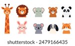 group of Cute animal faces,Giraffe,lion,elephant,bear, koala,cat,dog,rabbit,panda,Designs for newborn,baby or children's textile,fabric, children's clothing, wrapping paper,baby diapers, flat Vector