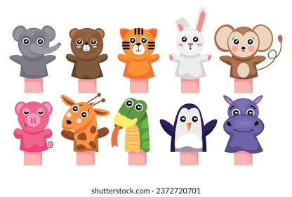 Group of cute animal sock toys on white background