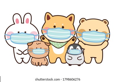 Group Of Cute Animal Wearing Face Mask In Cartoon.Virus Protection.Covid-19 Concept.Rabbit,dog,bear,penguin Hand Drawn.Shiba Inu Dog.Banner.Background.Sticker.Vector.Illustration.