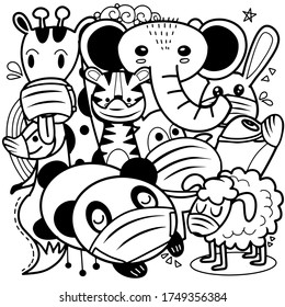 Group of cute animal wearing medical masks to prevent disease, flu,  , corona virus. corona virus illustration. covid-19  pneumonia illustration.
