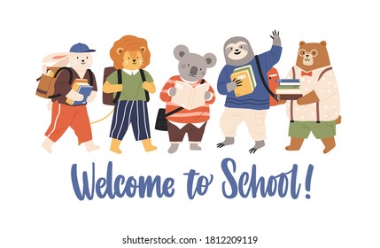 Group of cute animals carry book and backpack with inscription Welcome to school vector flat illustration. Funny animal pupils or classmates standing together isolated. Childish characters students