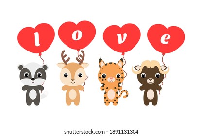 Group of cute animals. Cartoon badger, deer, lynx, musk-ox stand and hold balloons in their hands. Happy Valentine day. Set of characters isolated on white background. Vector stock illustration.