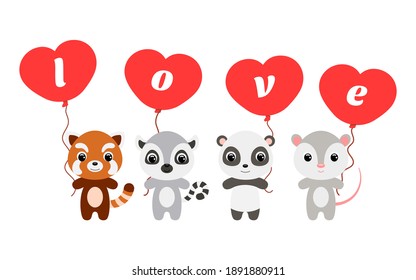 Group of cute animals. Cartoon panda, lemur, opossum, red panda stand and hold balloons in their hands. Happy Valentine day. Set of characters isolated on white background. Vector stock illustration.