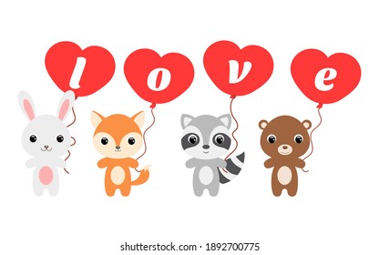 Group of cute animals. Cartoon rabbit, fox, bear, raccoon stand and hold balloons in their hands. Happy Valentine day. Set of characters isolated on white background. Vector stock illustration.