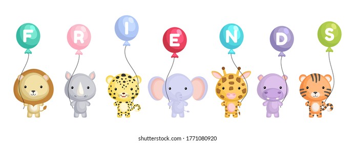 Group of cute animals. Cartoon animals stand and hold balloons in their hands. World animals day. Happy friendship day. Set of characters isolated on white background. Vector stock illustration.