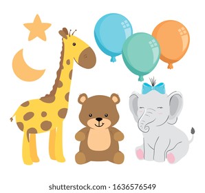 group of cute animals with decoration vector illustration design