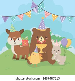 group of cute animals farm in birthday party scene
