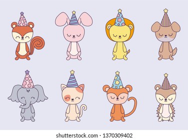 group of cute animals with hat party