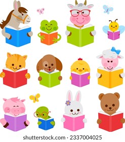 Group of cute animals reading books. Vector illustration