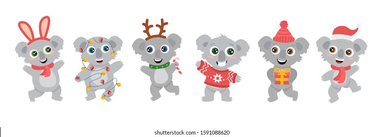 group of cute Australian koalas wombats with big eyes in a deer costume with a lollipop, in a red sweater with a gift a Christmas garland, smiling and dancing. New Year flat vector cartoon set