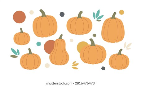 Group of cute autumn pumpkins scattered among organic shapes leaves and abstract dots creating a cheerful fall harvest theme.