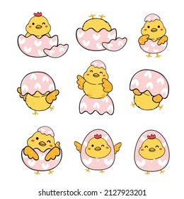 group of cute baby chicken in broken easter eggshell collection, playful animal cartoon hand drawing outline vector