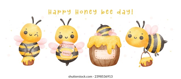 Grupo de adorables abejas de miel de bebé adorable banner de caricatura caricatura personaje de pintura de mano vector de ilustración. Feliz día de la abeja.