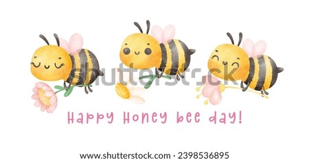 Group of cute baby honey bees with flower watercolor banner cartoon character hand painting illustration vector. Happy Honey bee day. ストックフォト © 