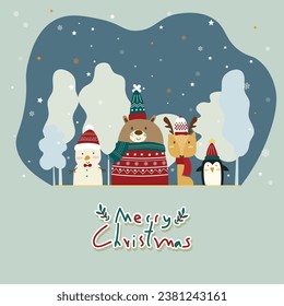 Group of cute bear,snowman,reindeer,and penquin over forest background with snowflakes. Vector illustration for Merry Christmas concept