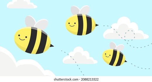 Group of cute bees flying in the sky