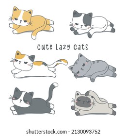 group of cute bored and lazy kitty cat collection, kawaii animal pet cartoon drawing illustration vector