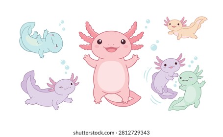 Group of cute cartoon axolotls in various colors swimming underwater with bubbles in a playful and friendly aquatic setting.